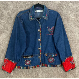 S Collection Jacket Womens Large Blue Denim Southwestern Embroidered Boho Y2K